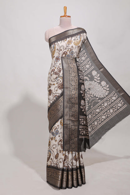 Dola silk saree all over  crepe floral printed  design with copper zari border and pallu