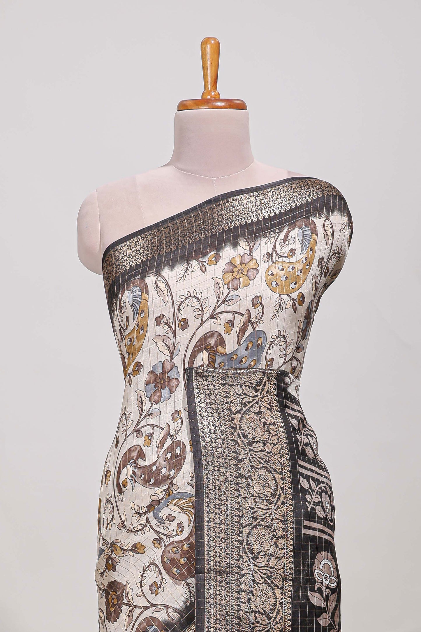Dola silk saree all over  crepe floral printed  design with copper zari border and pallu