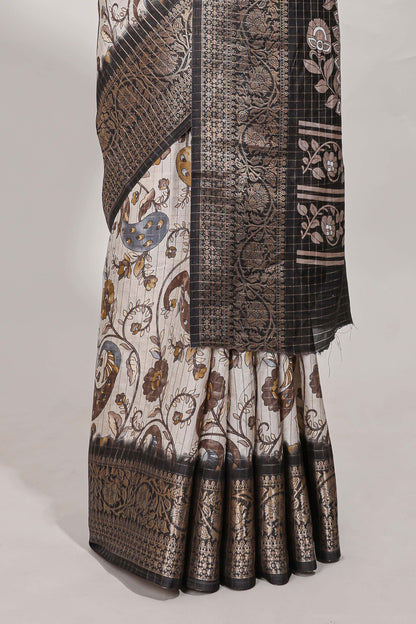 Dola silk saree all over  crepe floral printed  design with copper zari border and pallu