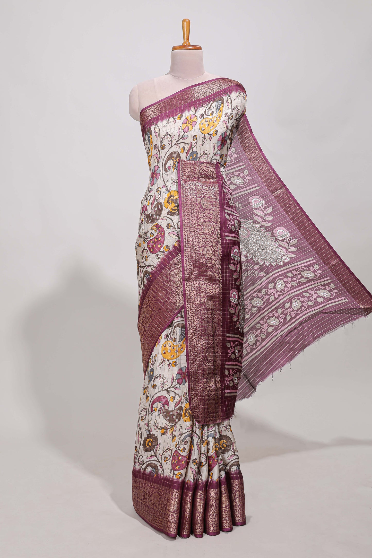 Dola silk saree all over  crepe floral printed  design with copper zari border and pallu
