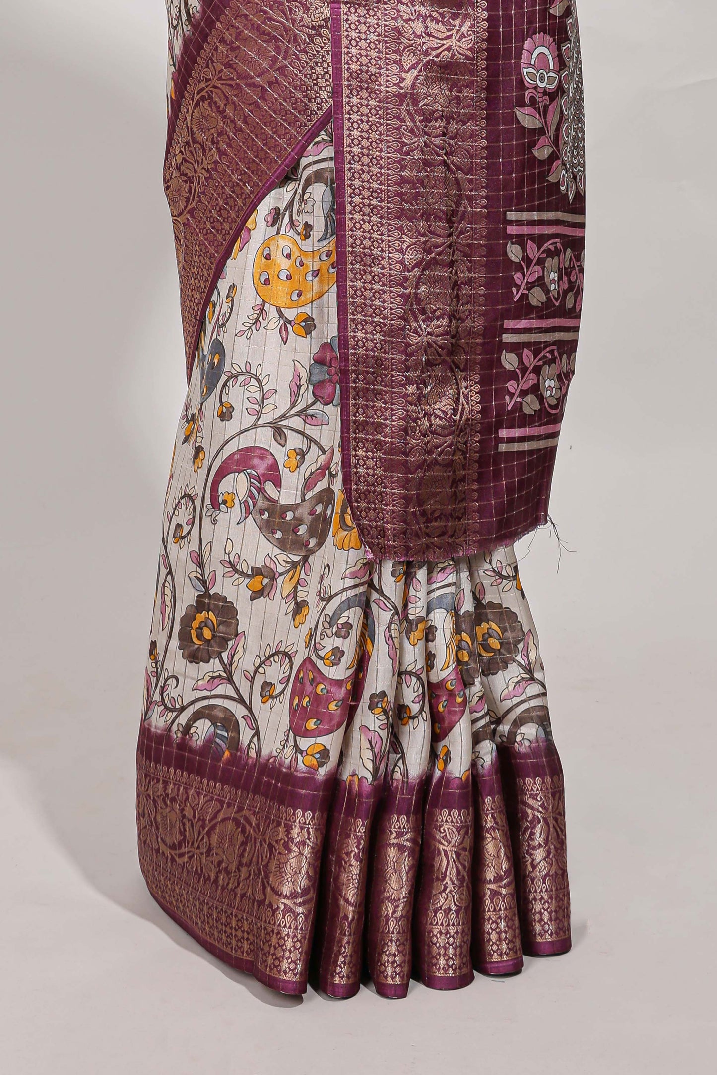 Dola silk saree all over  crepe floral printed  design with copper zari border and pallu