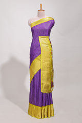 Purple Dola silk saree all overzari workdesign with contrast zig zag border and contrast kalmkari printed pallu