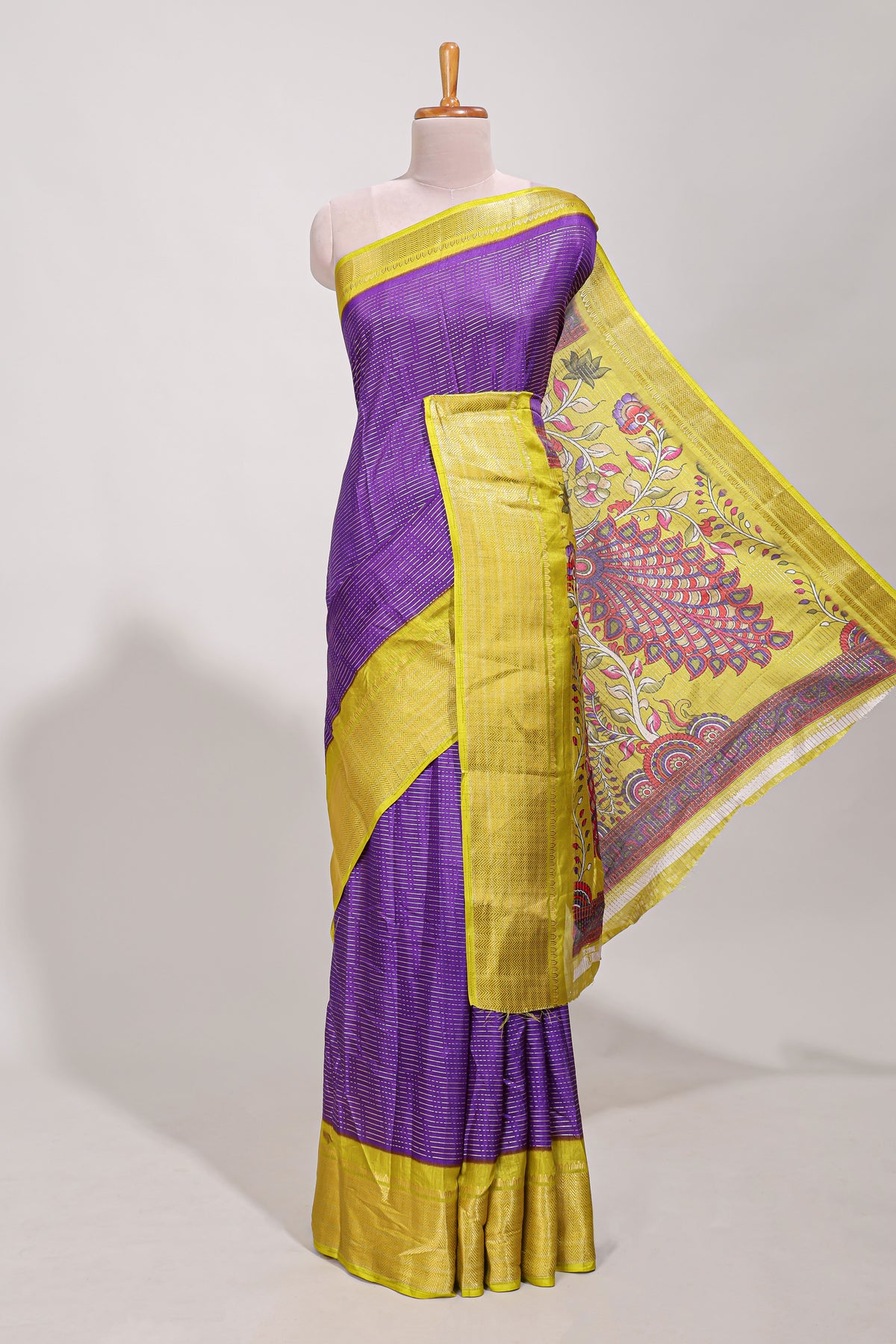 Purple Dola silk saree all over  zari work  design with contrast zig zag border and contrast kalmkari printed pallu
