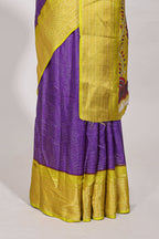 Purple Dola silk saree all over  zari work  design with contrast zig zag border and contrast kalmkari printed pallu