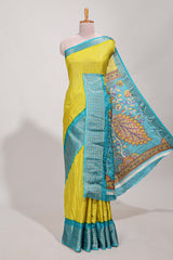 Yellow Dola silk saree all overzari workdesign with contrast zig zag border and contrast kalmkari printed pallu