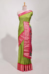 Green Dola silk saree all overzari workdesign with contrast zig zag border and contrast kalmkari printed pallu