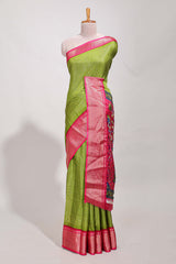 Green Dola silk saree all overzari workdesign with contrast zig zag border and contrast kalmkari printed pallu