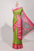 Green Dola silk saree all over  zari work  design with contrast zig zag border and contrast kalmkari printed pallu