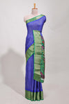 Blue Dola silk saree all overzari workdesign with contrast zig zag border and contrast kalmkari printed pallu