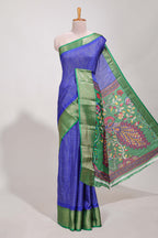 Blue Dola silk saree all over  zari work  design with contrast zig zag border and contrast kalmkari printed pallu