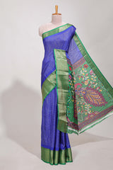 Blue Dola silk saree all overzari workdesign with contrast zig zag border and contrast kalmkari printed pallu