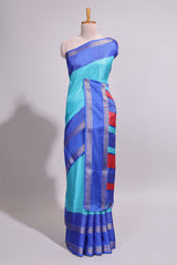Turquoise green zari striped dola silk saree with contrast border and floral printed blouse
