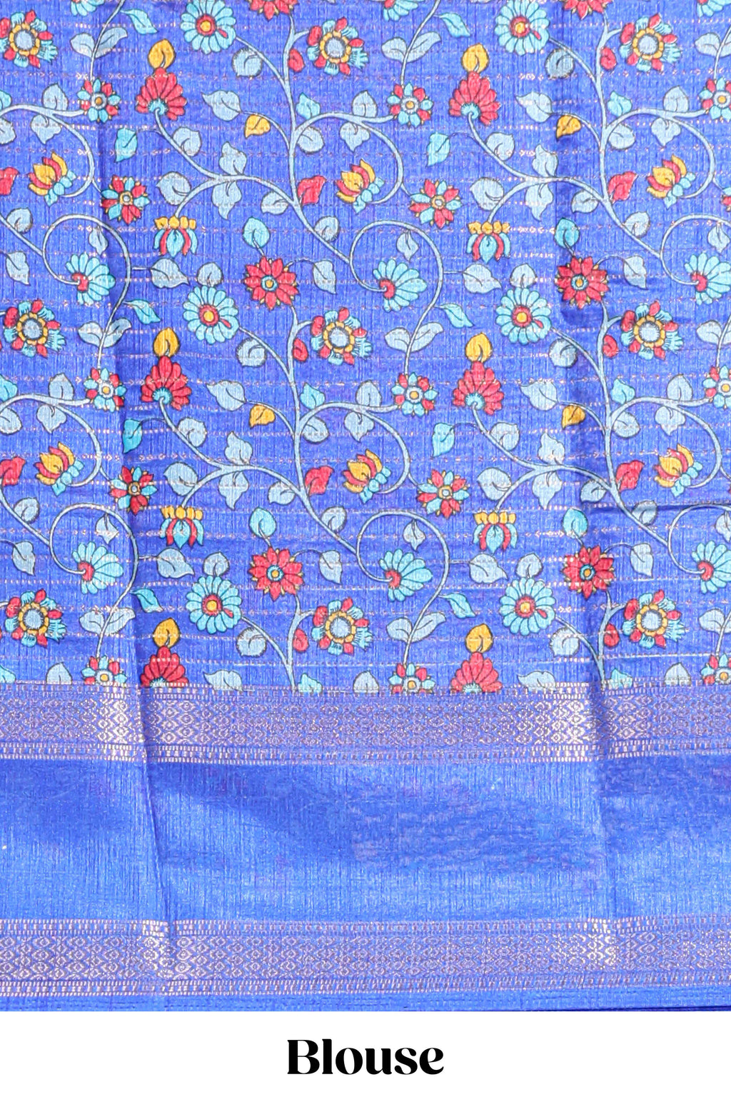 Turquoise green zari striped dola silk saree with contrast border and floral printed blouse