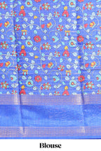 Turquoise green zari striped dola silk saree with contrast border and floral printed blouse