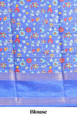 Turquoise green zari striped dola silk saree with contrast border and floral printed blouse