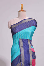 Turquoise green zari striped dola silk saree with contrast border and floral printed blouse