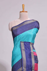 Turquoise green zari striped dola silk saree with contrast border and floral printed blouse