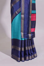 Turquoise green zari striped dola silk saree with contrast border and floral printed blouse