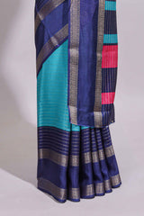 Turquoise green zari striped dola silk saree with contrast border and floral printed blouse
