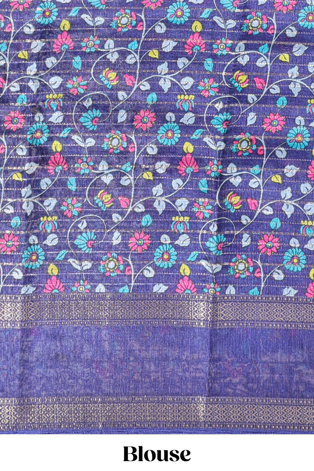 Turquoise green zari striped dola silk saree with contrast border and floral printed blouse