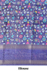 Turquoise green zari striped dola silk saree with contrast border and floral printed blouse