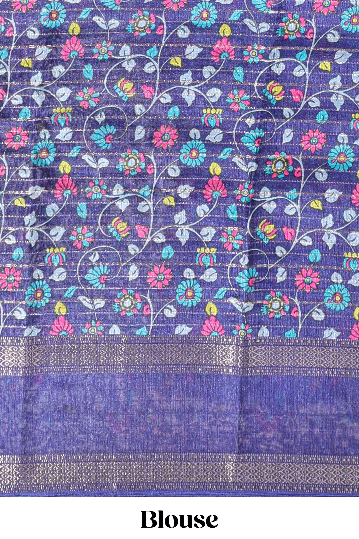 Turquoise green zari striped dola silk saree with contrast border and floral printed blouse