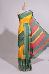 Yellow zari striped dola silk saree with contrast border and floral printed blouse