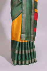 Yellow zari striped dola silk saree with contrast border and floral printed blouse