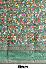 Yellow zari striped dola silk saree with contrast border and floral printed blouse