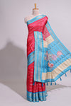 Pink zari striped dola silk saree with contrast border and floral printed pallu