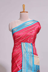 Pink zari striped dola silk saree with contrast border and floral printed pallu