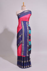 Pink zari striped dola silk saree with contrast border and floral printed blouse