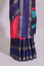 Pink zari striped dola silk saree with contrast border and floral printed blouse