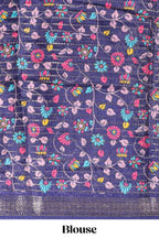 Pink zari striped dola silk saree with contrast border and floral printed blouse