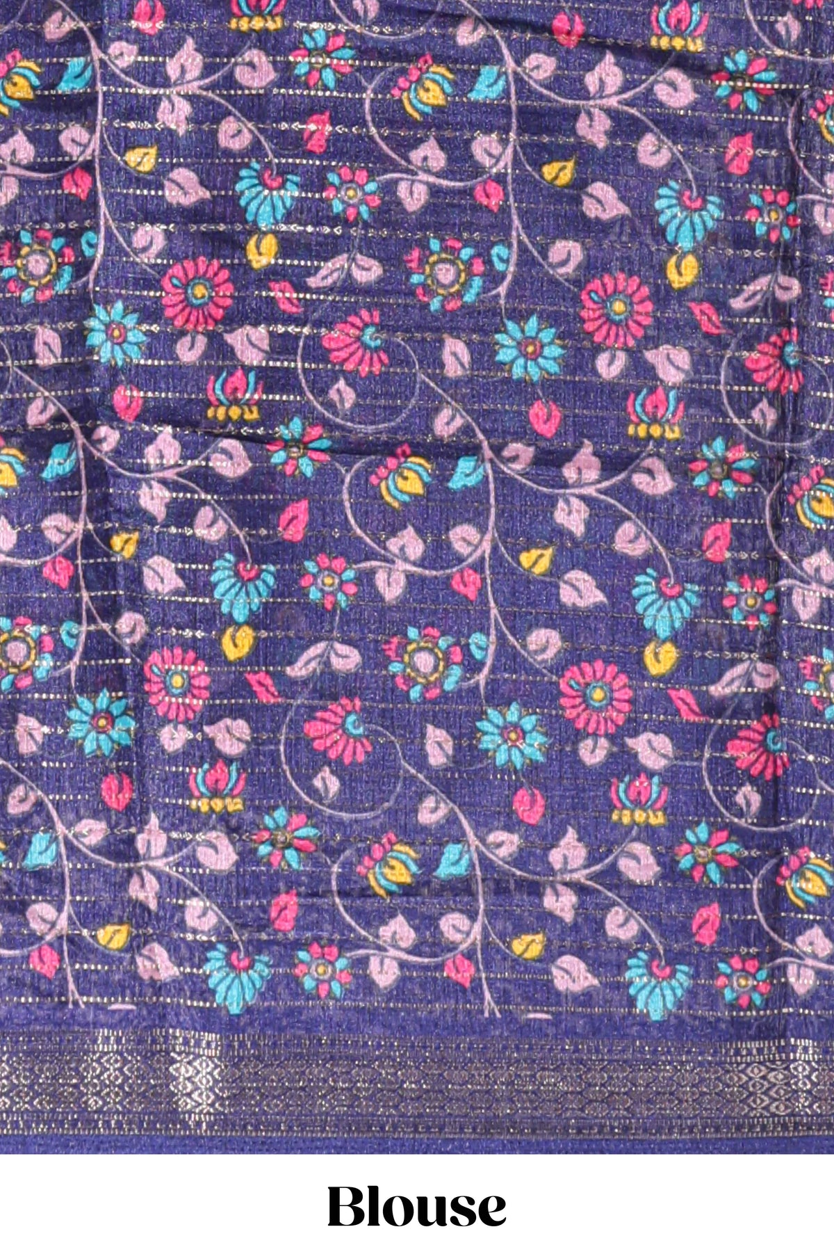 Pink zari striped dola silk saree with contrast border and floral printed blouse