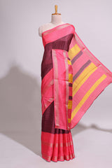 Maroon zari striped dola silk saree with contrast border and floral printed blouse