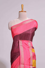 Maroon zari striped dola silk saree with contrast border and floral printed blouse