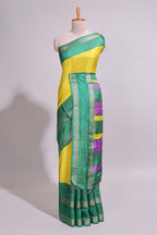 Lime yellow zari striped dola silk saree with contrast border and floral printed blouse