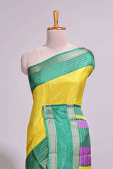 Lime yellow zari striped dola silk saree with contrast border and floral printed blouse