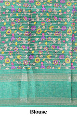 Lime yellow zari striped dola silk saree with contrast border and floral printed blouse