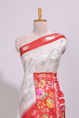 Off white floral design dola silk saree with contrast red border and printed motifs blouse