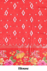 Off white floral design dola silk saree with contrast red border and printed motifs blouse