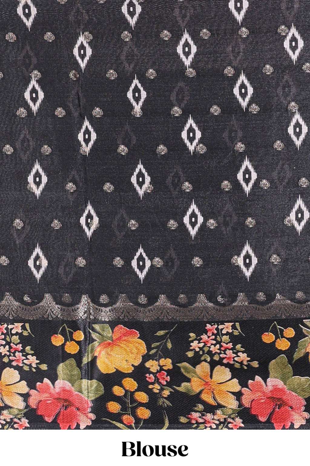 Off white floral design dola silk saree with contrast black border and printed motifs blouse