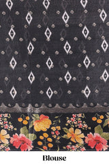 Off white floral design dola silk saree with contrast black border and printed motifs blouse