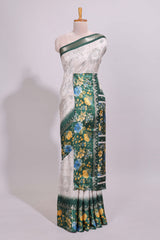 Off white floral design dola silk saree with contrast green border and printed motifs blouse
