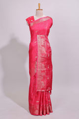 Pink striped elephant & bird zari butta dola silk saree with self zari border and matching zari motifs blouse