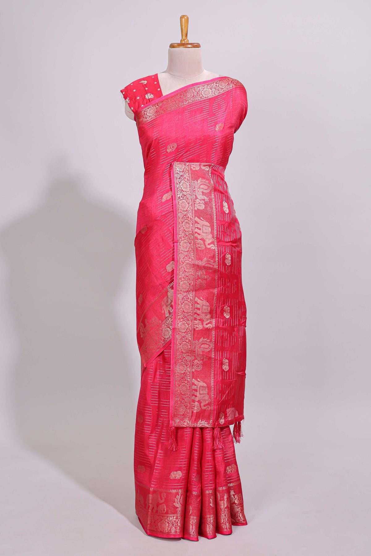 Pink striped elephant & bird zari butta dola silk saree with self zari border and matching zari motifs blouse