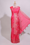 Pink striped elephant & bird zari butta dola silk saree with self zari border and matching zari motifs blouse