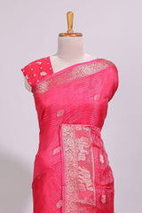 Pink striped elephant & bird zari butta dola silk saree with self zari border and matching zari motifs blouse
