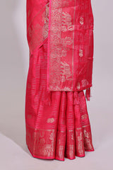 Pink striped elephant & bird zari butta dola silk saree with self zari border and matching zari motifs blouse